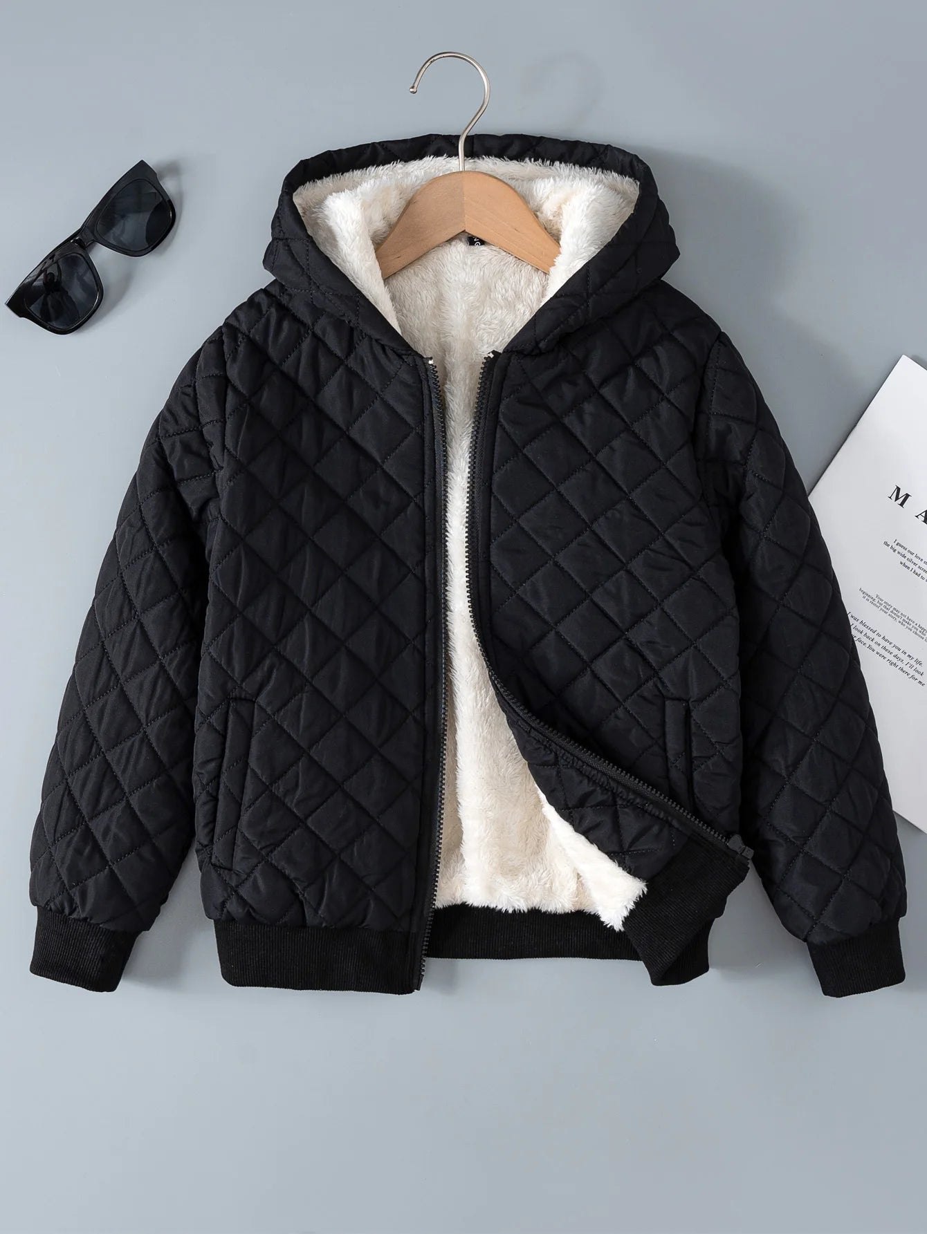 Kids Teddy Lined Hooded Argyle Quilted Coat  Fleece Zipper Jacket