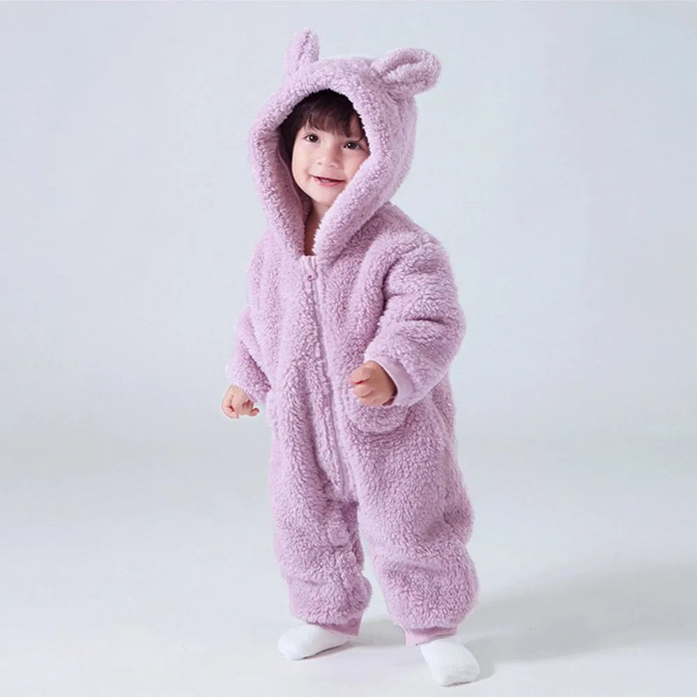 Warm Fleece Hooded Jumpsuits for Baby Autumn Winter Long Sleeve Infant Rompers Newborn Boy Girl Homewear Pajamas