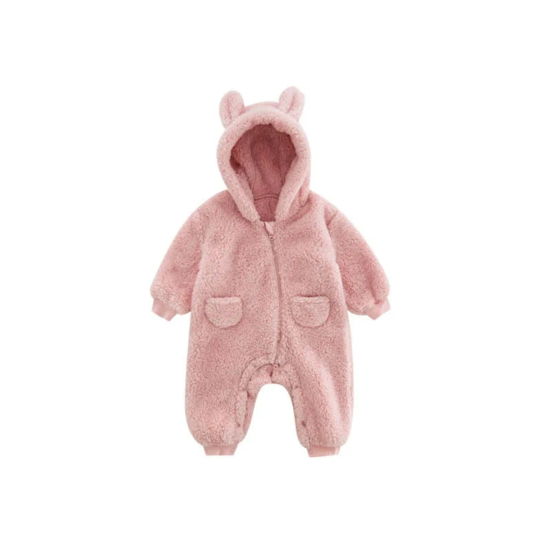 Warm Fleece Hooded Jumpsuits for Baby Autumn Winter Long Sleeve Infant Rompers Newborn Boy Girl Homewear Pajamas