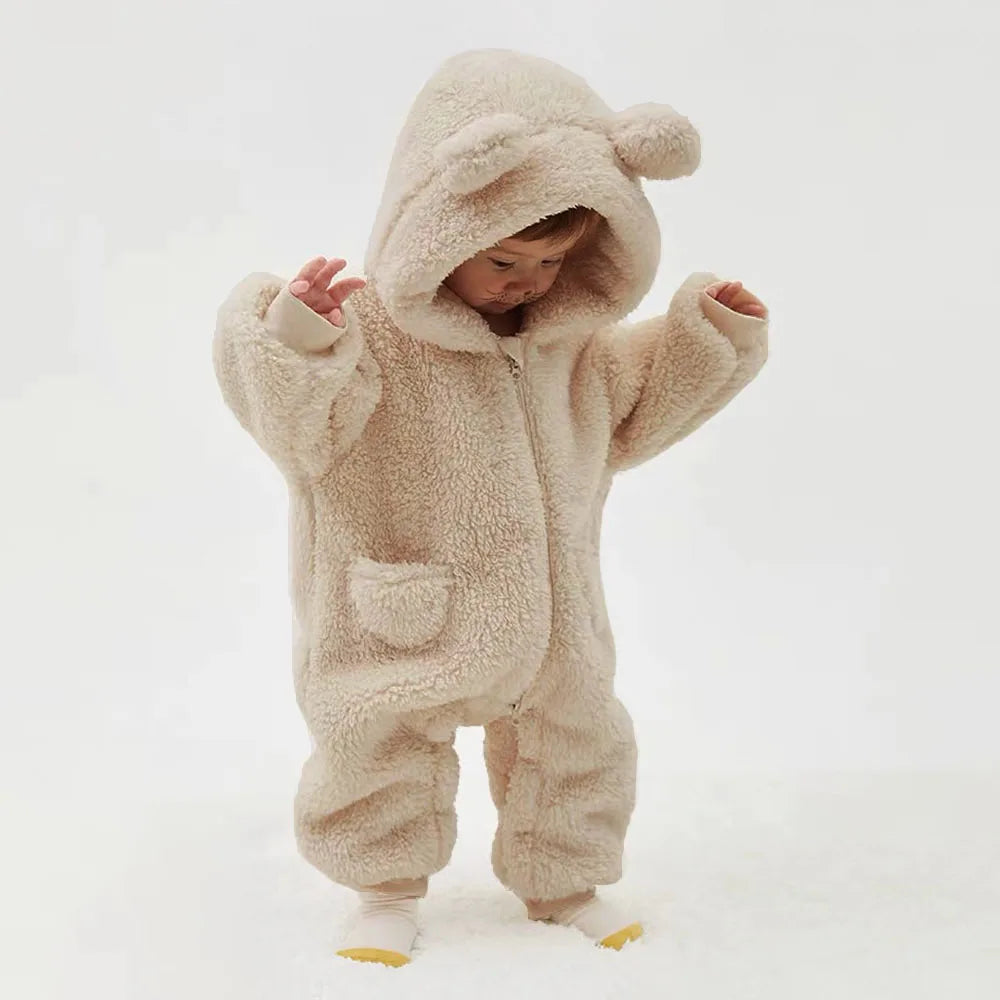 Warm Fleece Hooded Jumpsuits for Baby Autumn Winter Long Sleeve Infant Rompers Newborn Boy Girl Homewear Pajamas