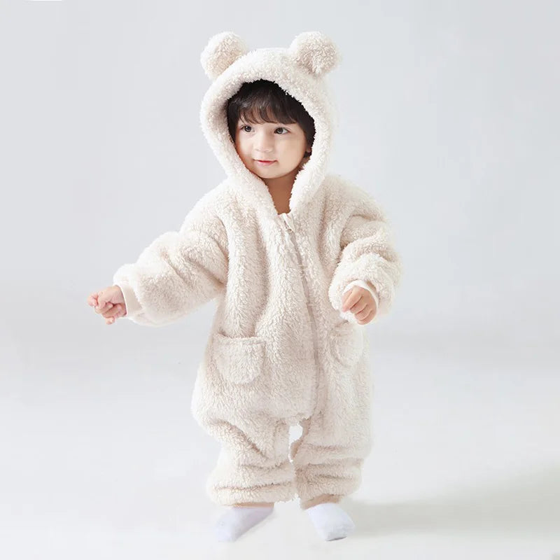 Warm Fleece Hooded Jumpsuits for Baby Autumn Winter Long Sleeve Infant Rompers Newborn Boy Girl Homewear Pajamas