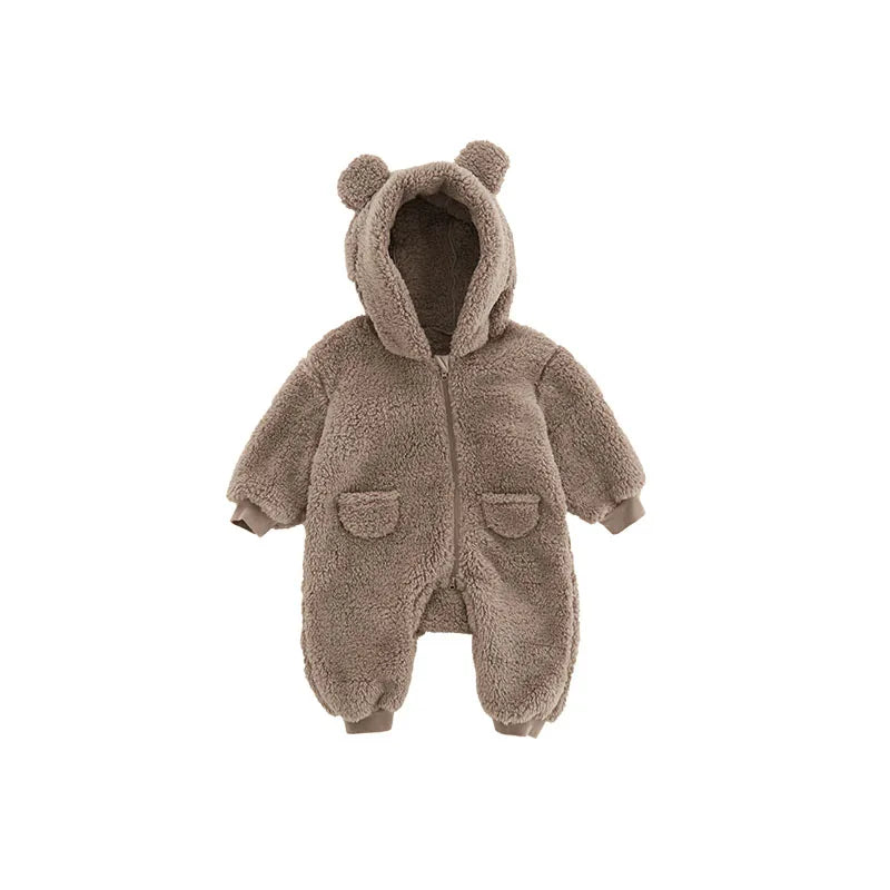 Warm Fleece Hooded Jumpsuits for Baby Autumn Winter Long Sleeve Infant Rompers Newborn Boy Girl Homewear Pajamas