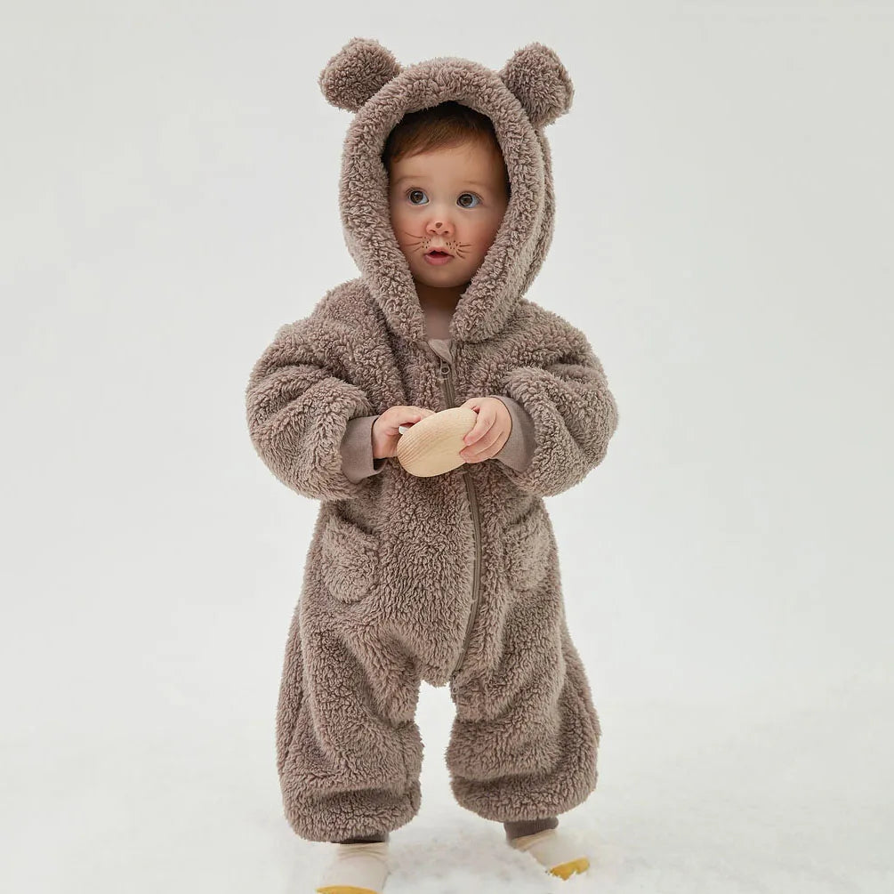 Warm Fleece Hooded Jumpsuits for Baby Autumn Winter Long Sleeve Infant Rompers Newborn Boy Girl Homewear Pajamas
